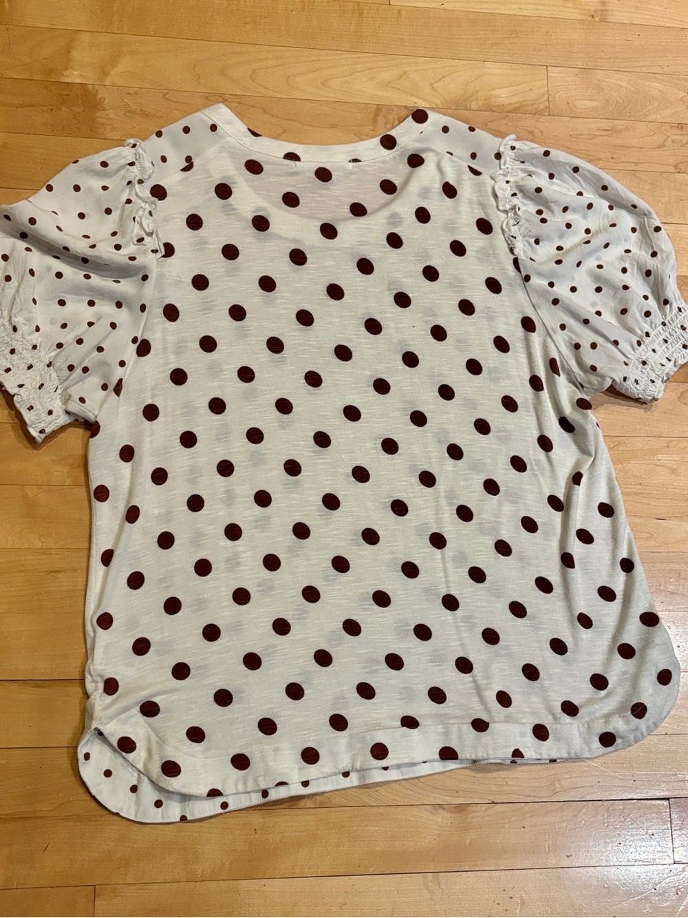 Dr2 by Daniel Rainn White & Brown Polka Dot Puff-Sleeve Rayon Top -size Large